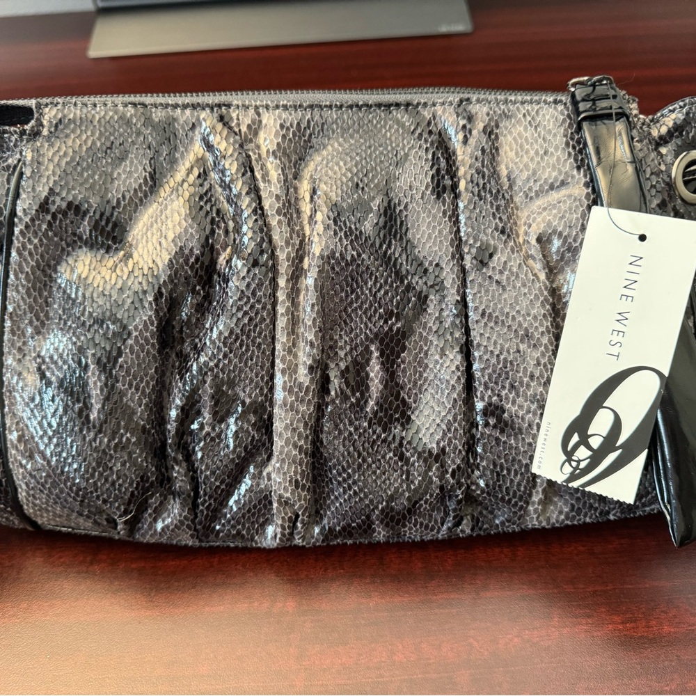 Nine West Metallic Gray Clutch in “Snake Break” Pattern